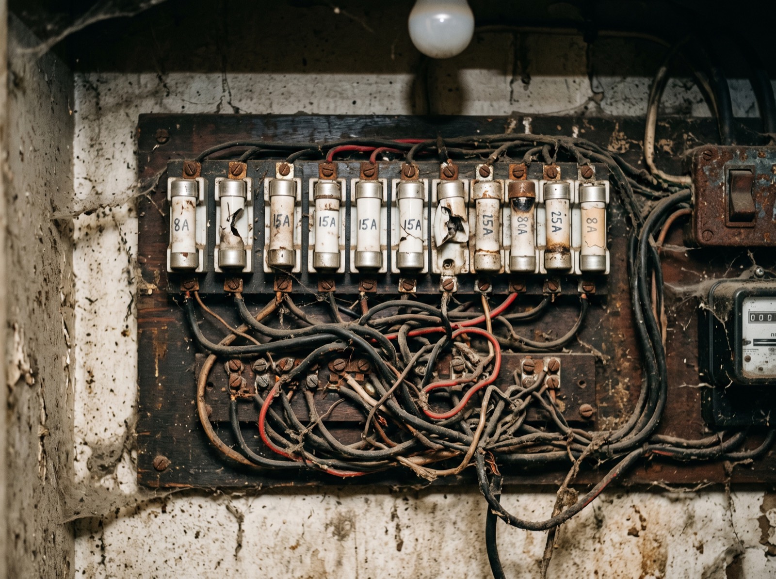 Old 1970s ceramic fuse switchboard, before replacement